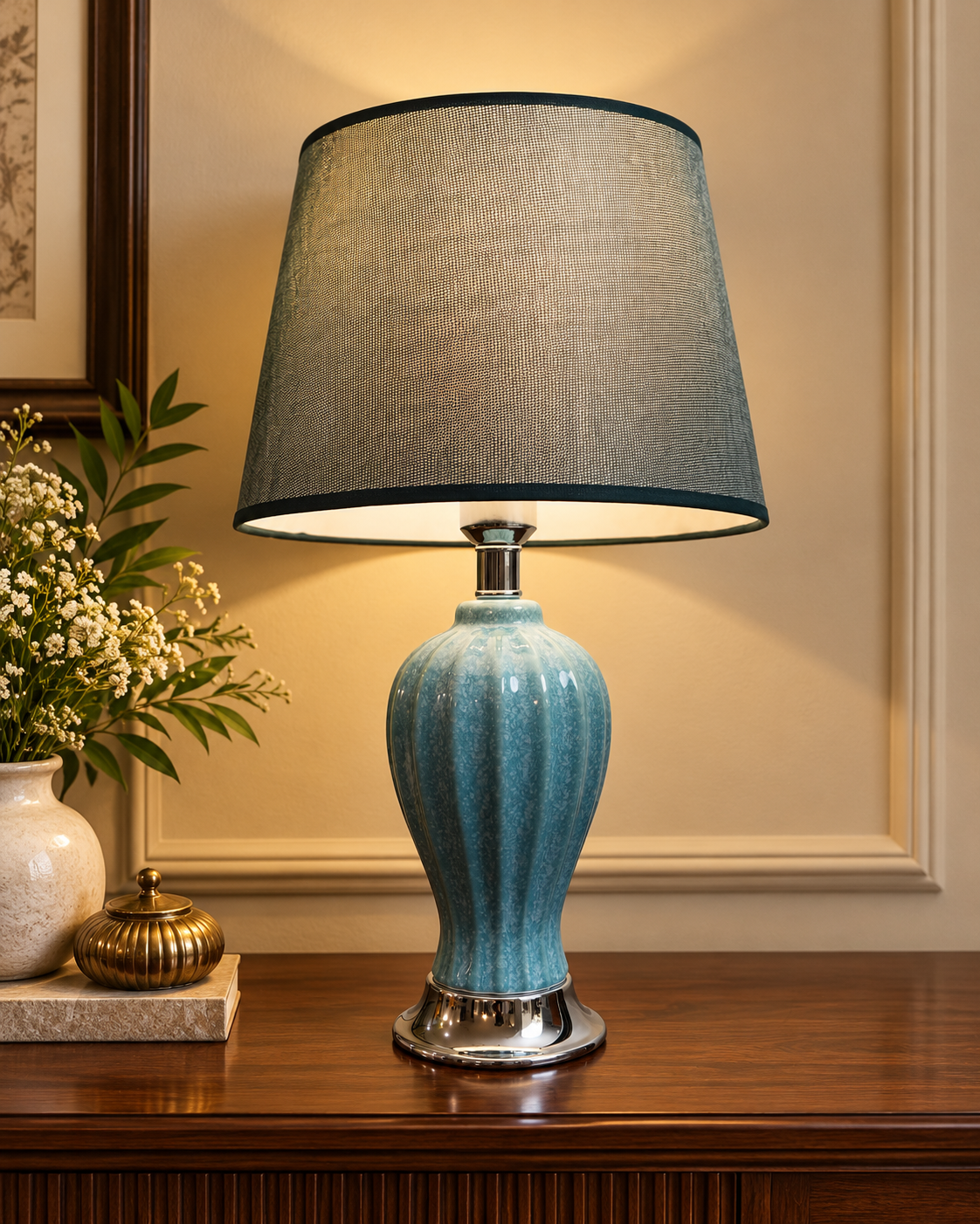 Aqua Speckled Fluted Ceramic Table Lamp with Grey Shade