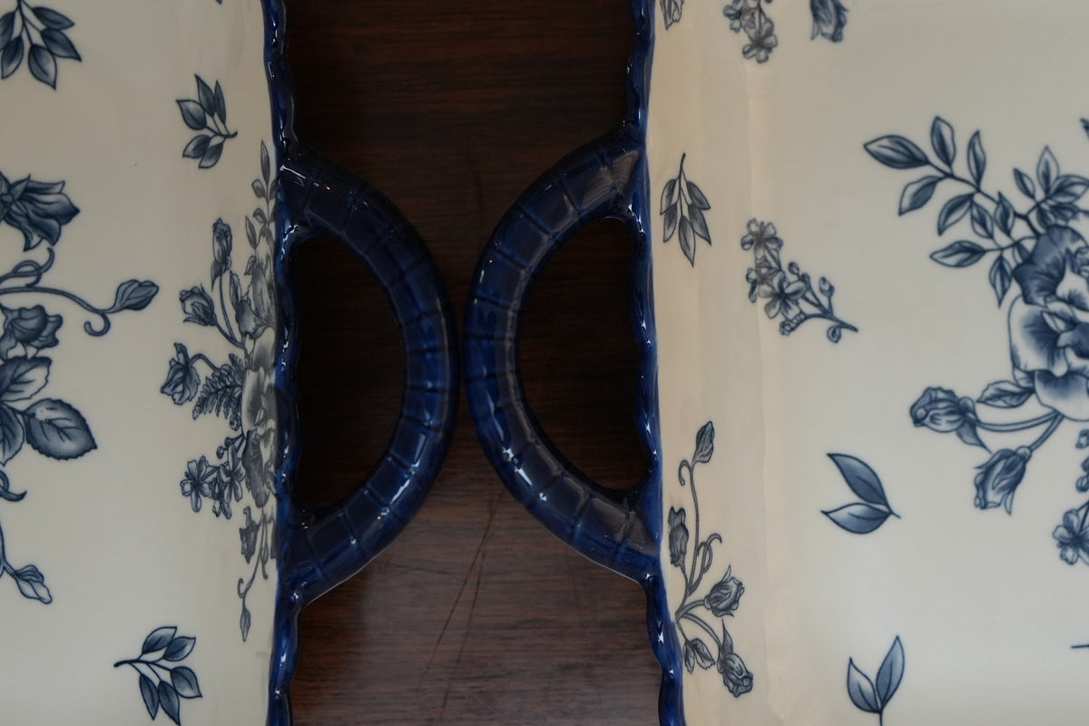 Indigo Rose Ceramic Square Platter with Handles Set of 2