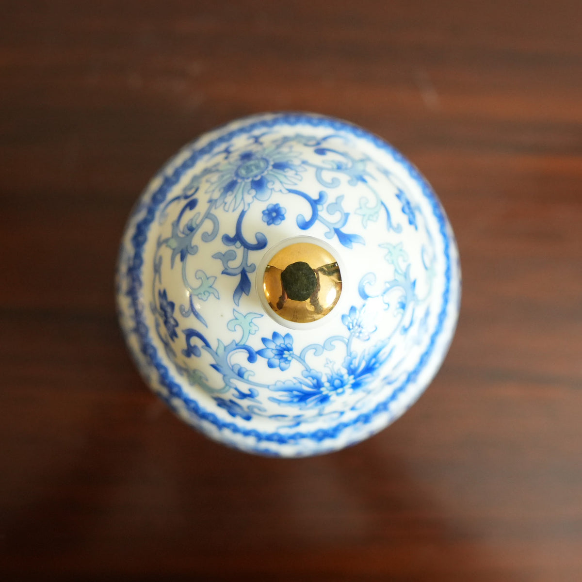 Blue Floral Ceramic Lidded Jar with Gold Knob