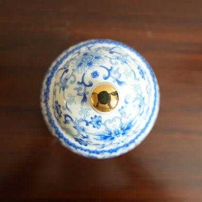 Blue Floral Ceramic Lidded Jar with Gold Knob