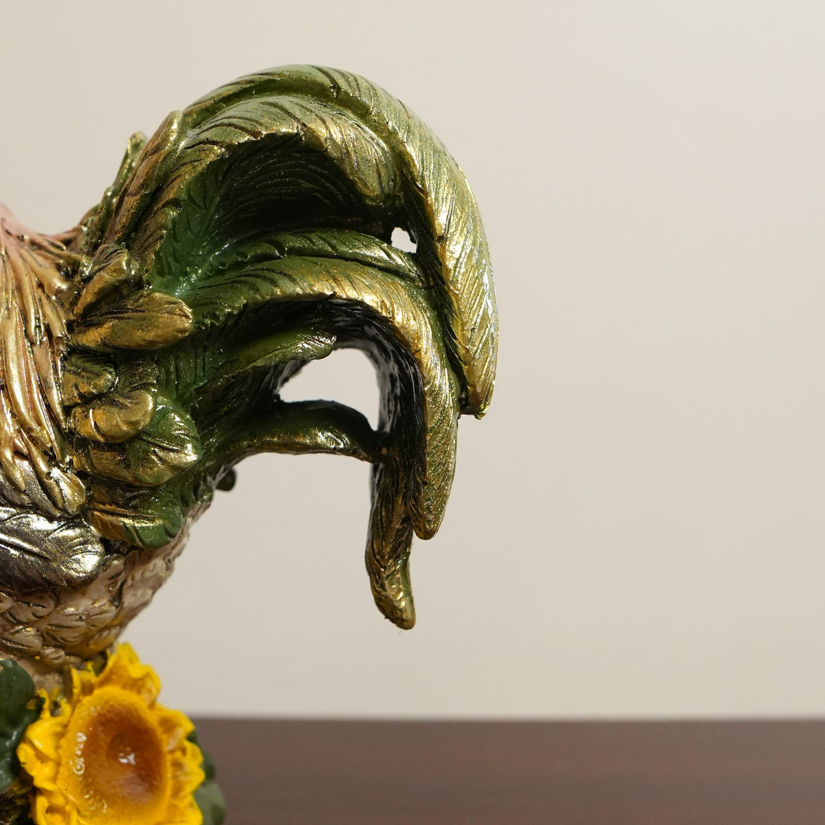 Golden Feather Rooster Figurine with Sunflowers