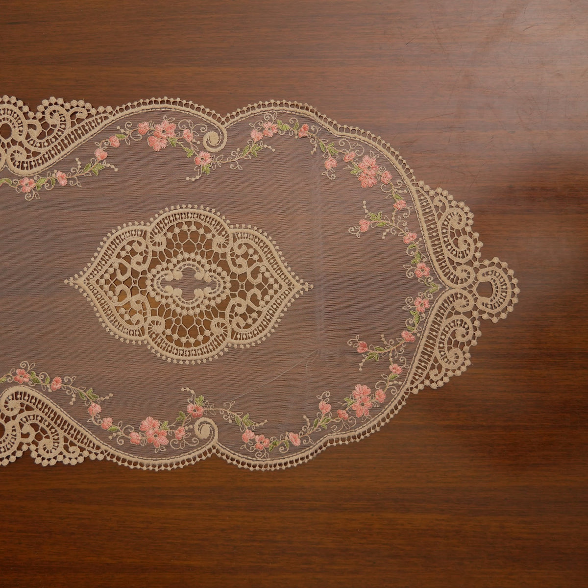 Gold Lace & Pink Floral Vine Sheer Table Runner (Long)