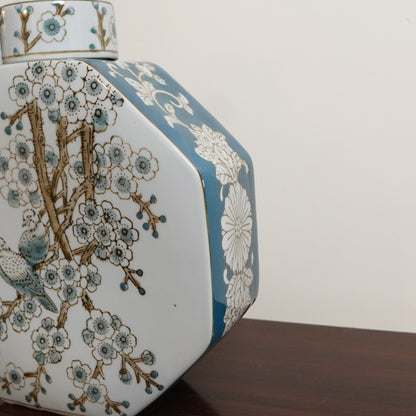Grand Bluebird & Blossom Tree Ceramic Octagonal Flask Vase