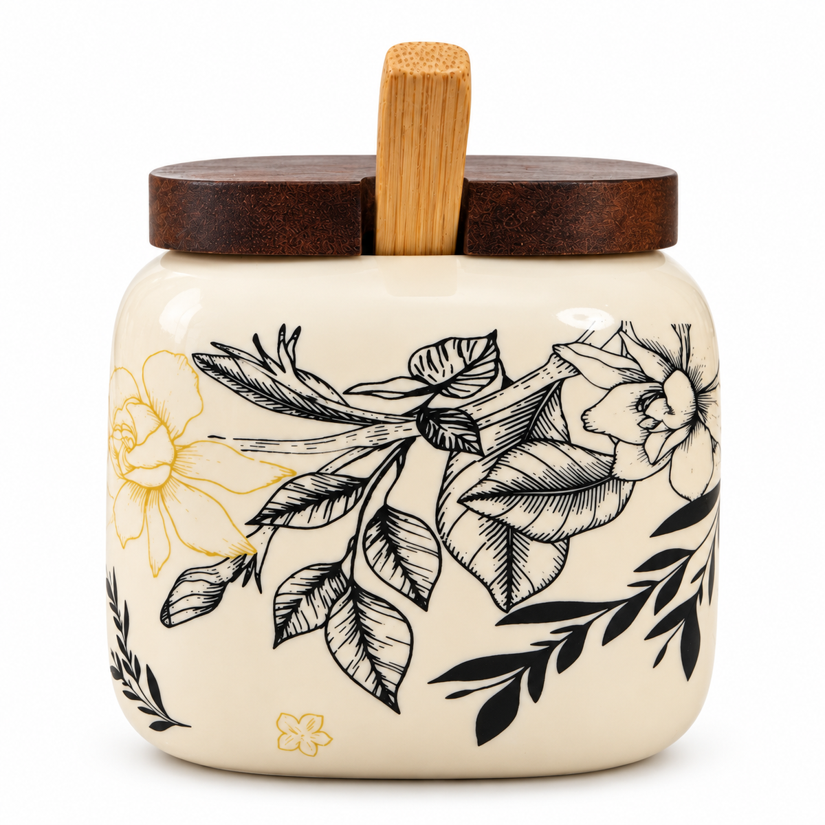 Ink Botanical Ceramic Pickle Jar Set with Wooden Lids, Spoons & Tray (Set of 3)