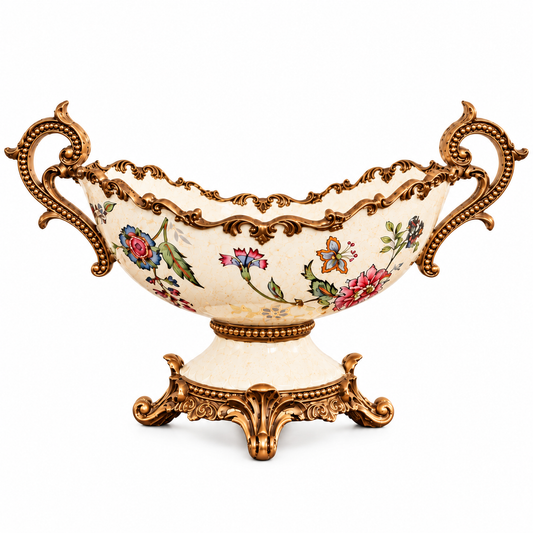 Ivory Floral Ceramic Boat Centerpiece with Gold Handles