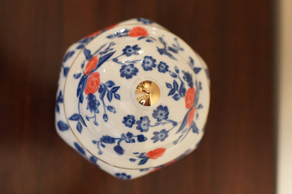 Blue & White Ceramic Ginger Jar with Red Blossoms