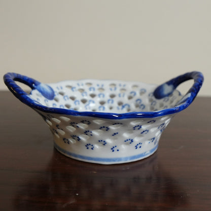 Cobalt Blue Floral Pierced Ceramic Basket with Handles