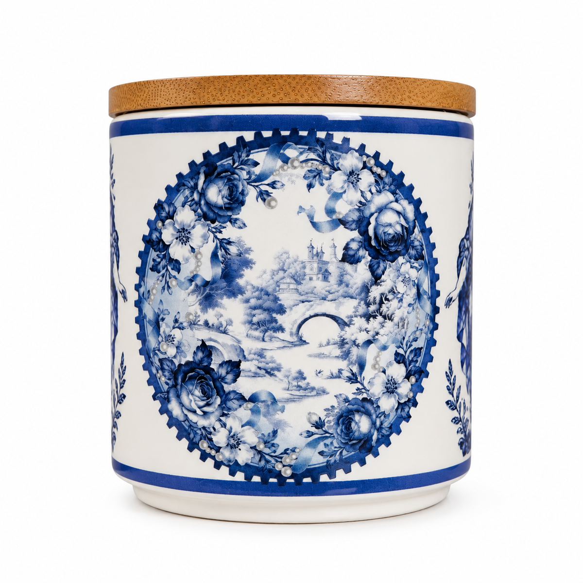 Blue Toile Ceramic Storage Jar with Bamboo Lid