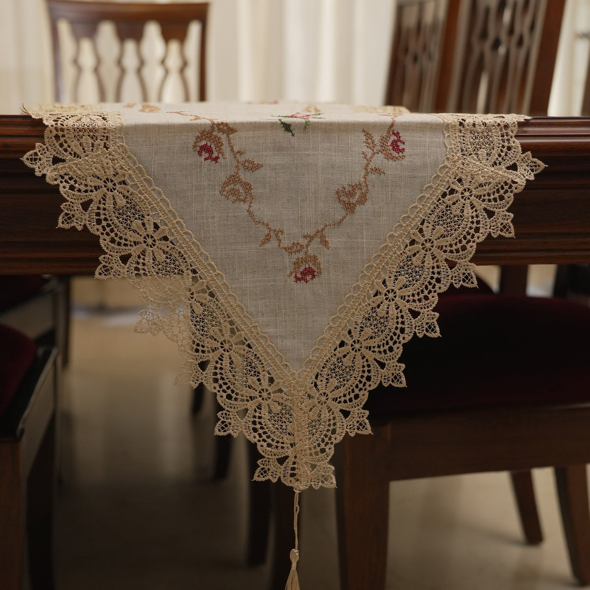 Pink Rose Embroidered Linen Lace Border Table Runner (Long)
