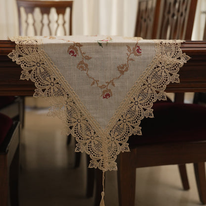 Pink Rose Embroidered Linen Lace Border Table Runner (Long)