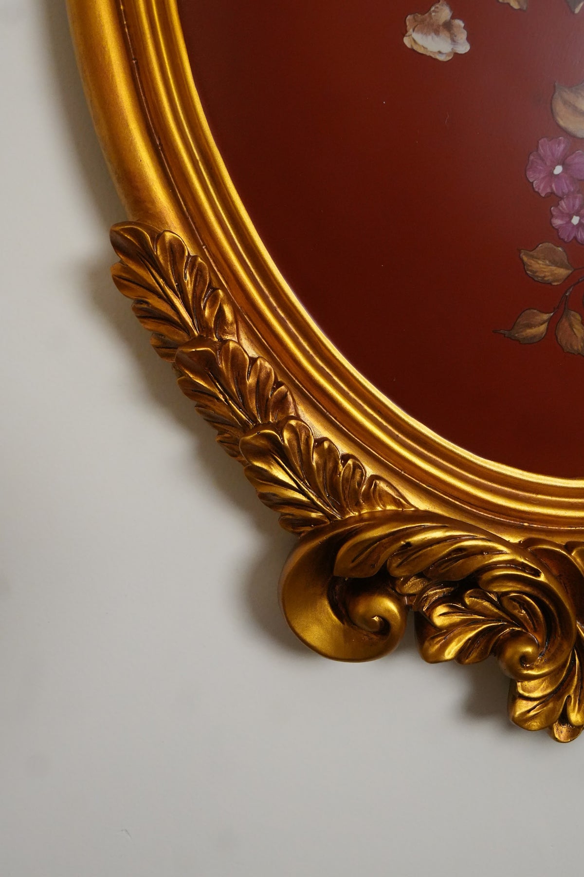 Burgundy Floral Oval Wall Plaque with Gold Baroque Frame
