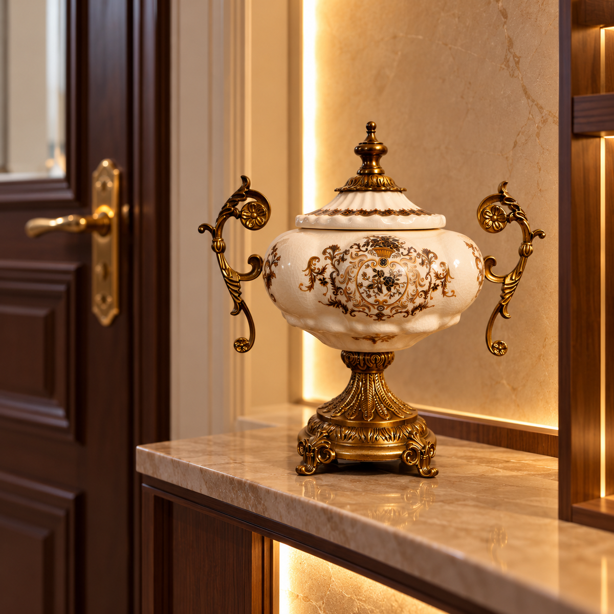 Ivory Baroque Ceramic Lidded Urn with Gold Scroll Handles & Pedestal