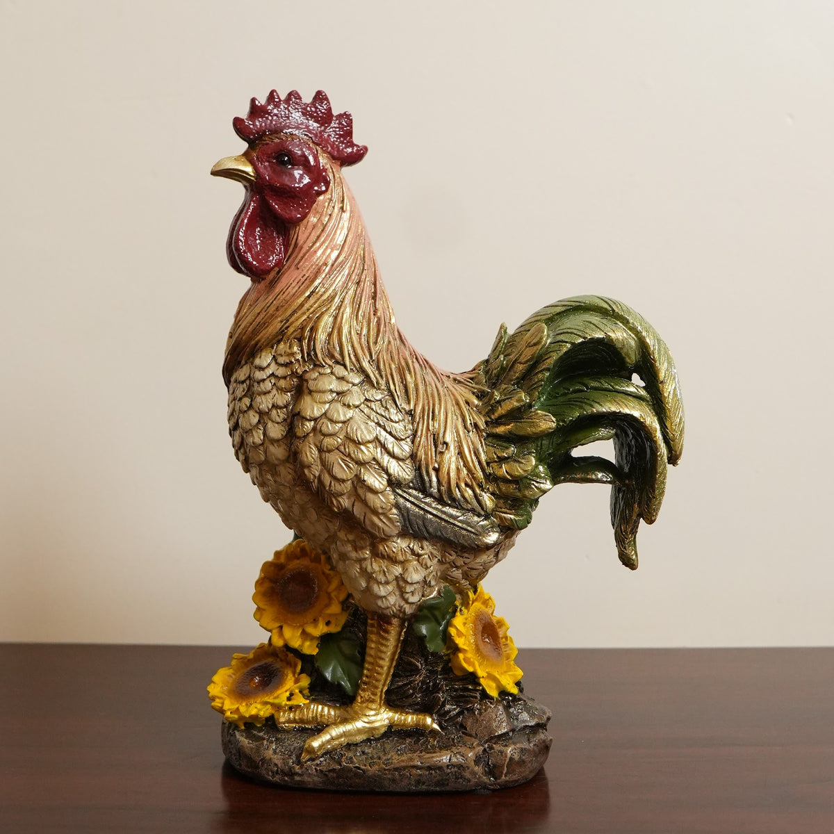Golden Feather Rooster Figurine with Sunflowers