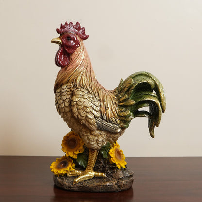 Golden Feather Rooster Figurine with Sunflowers