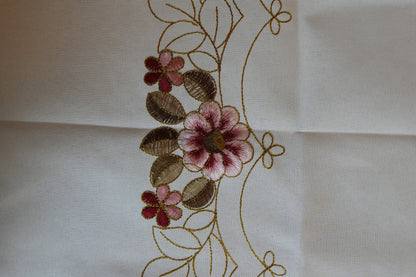 Maroon & Pink Floral Embroidered Cutwork White Table Sheet (6 Seater)