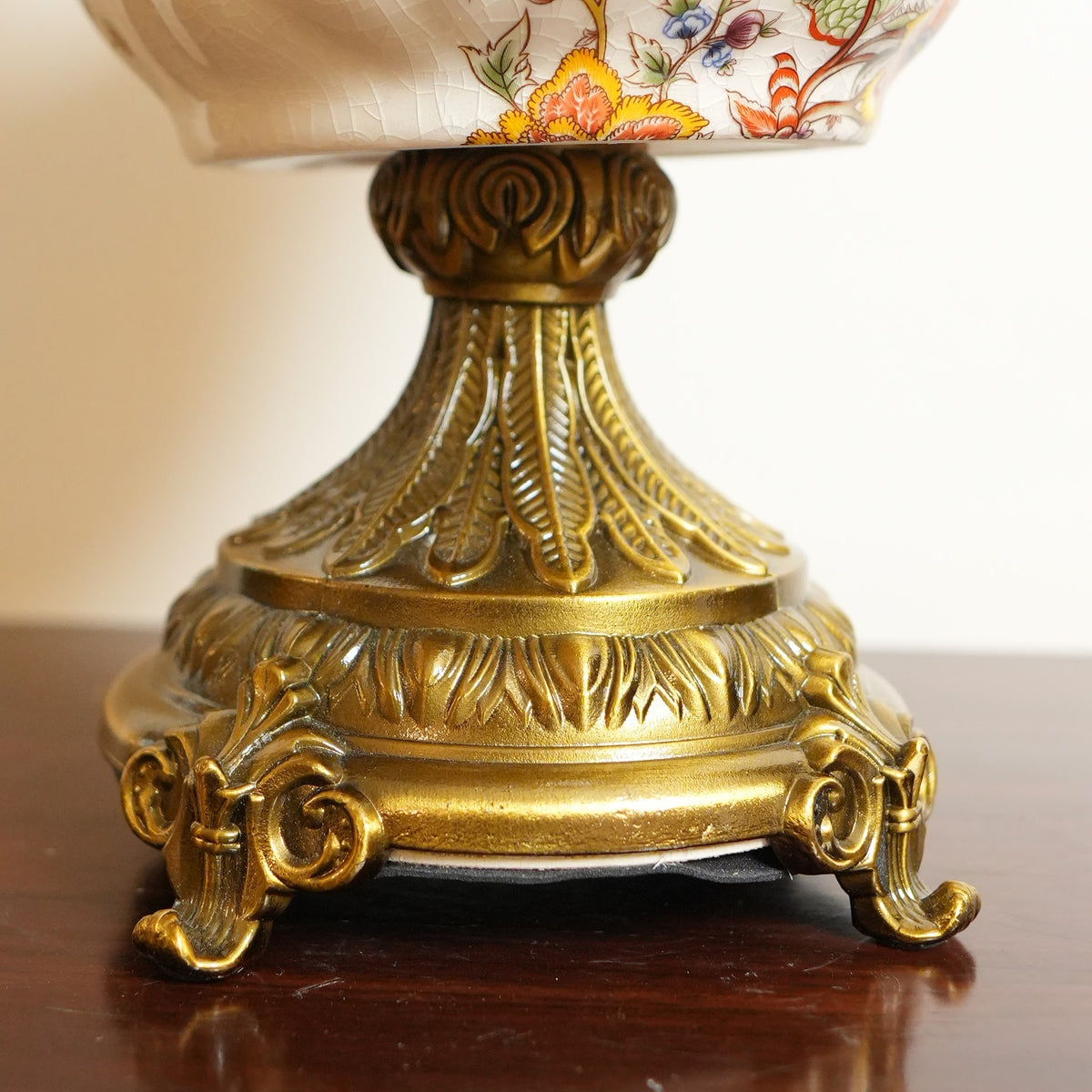 Ivory Jacobean Floral Ceramic Scalloped Lidded Urn with Brass Pedestal