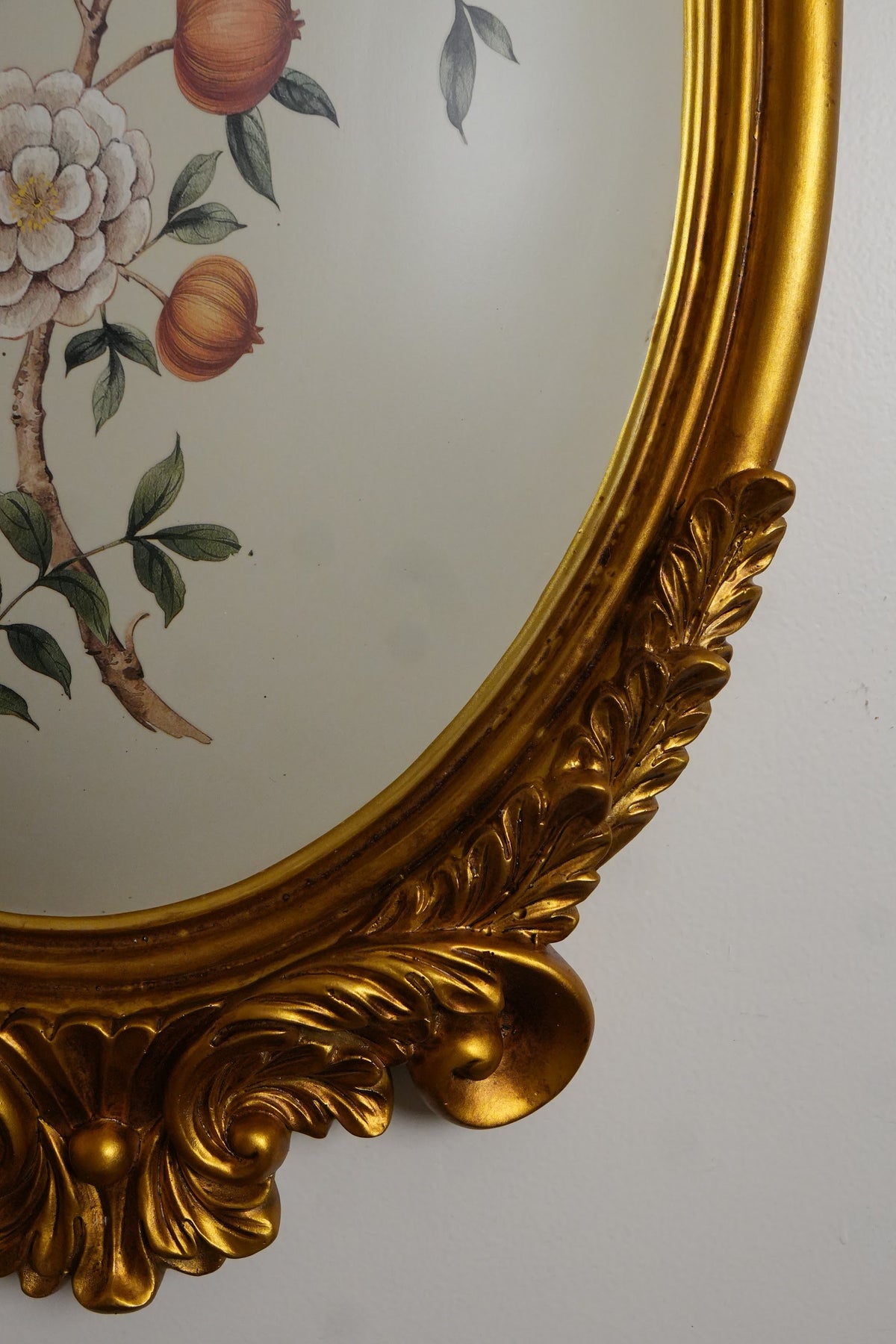 Cream Pomegranate & Bird Oval Wall Plaque with Gold Baroque Frame