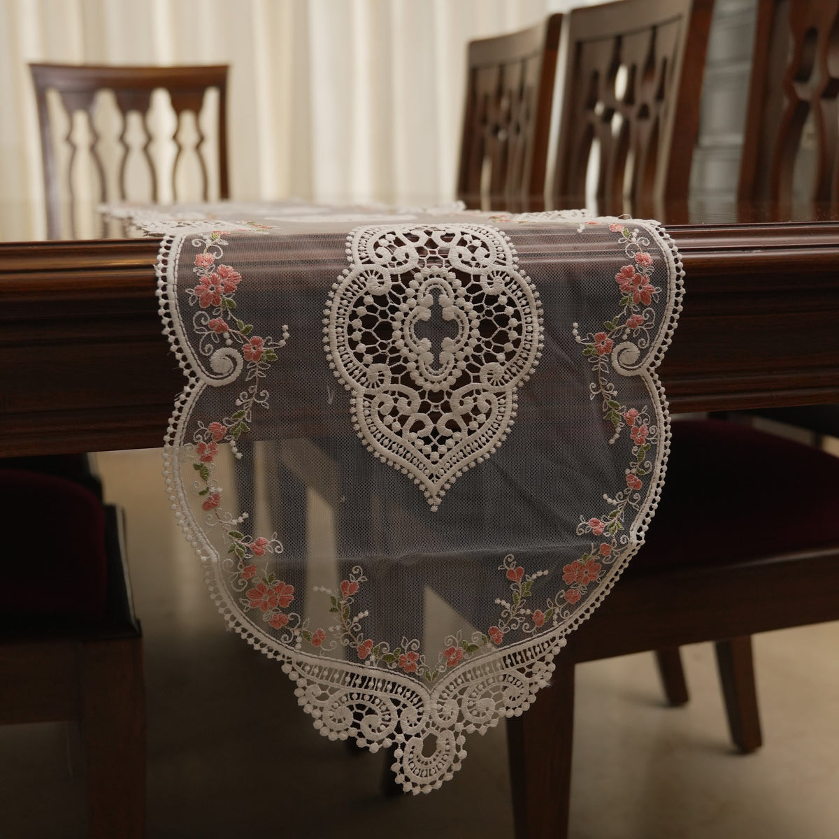 White Lace & Pink Floral Vine Sheer Table Runner (Long)