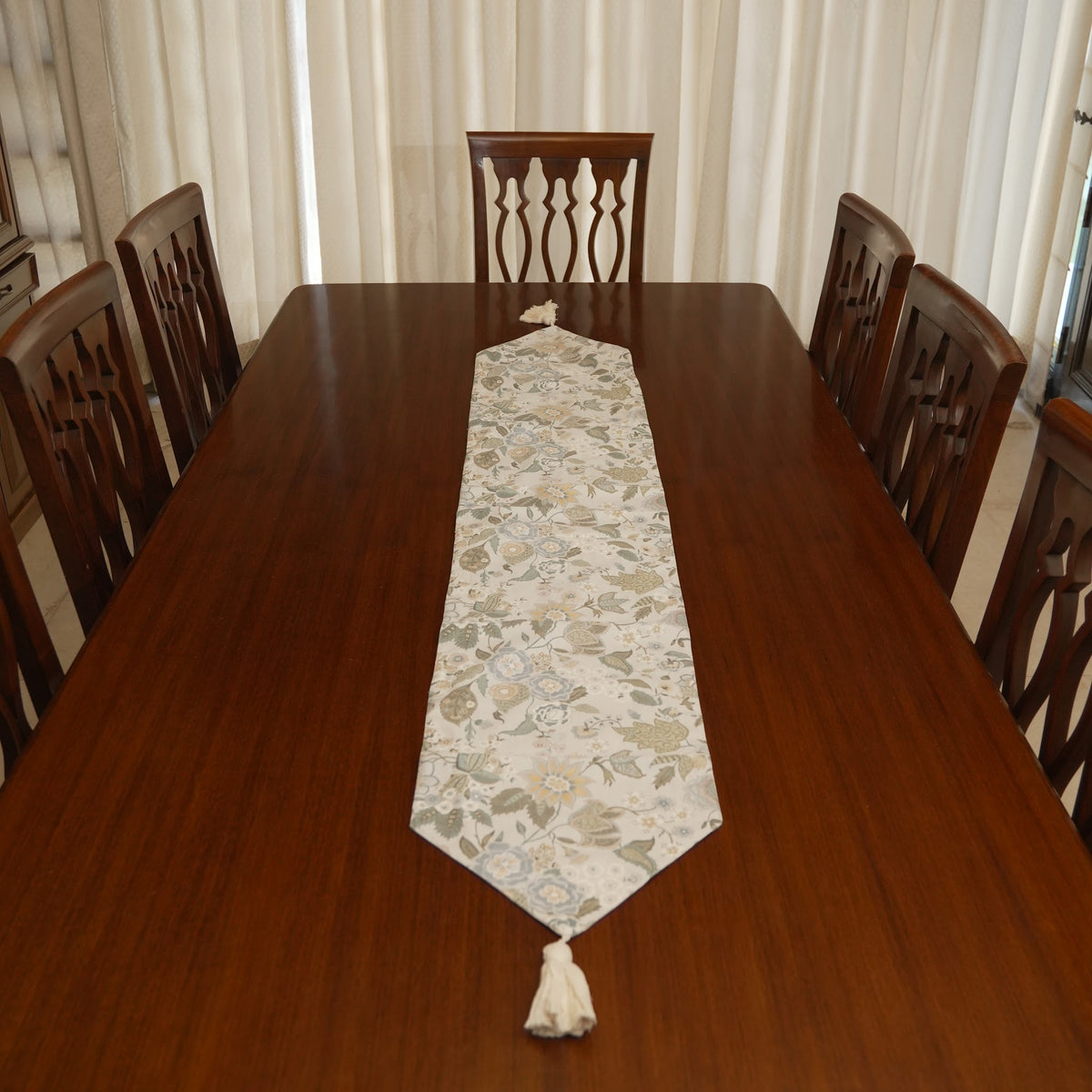 Sage Floral Print Table Runner with Tassels (Long)