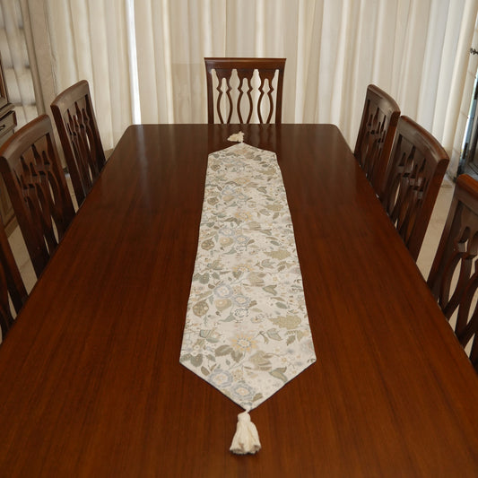 Sage Floral Print Table Runner with Tassels (Long)