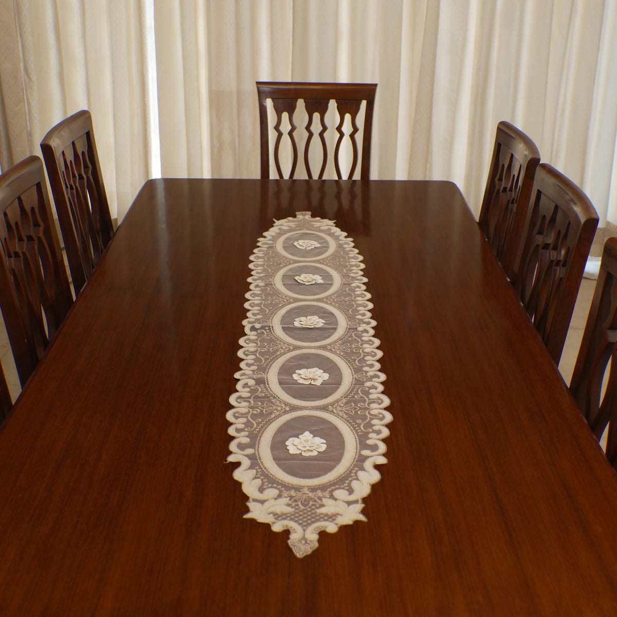 Champagne 3D Flower Oval Sheer Table Runner (Long)