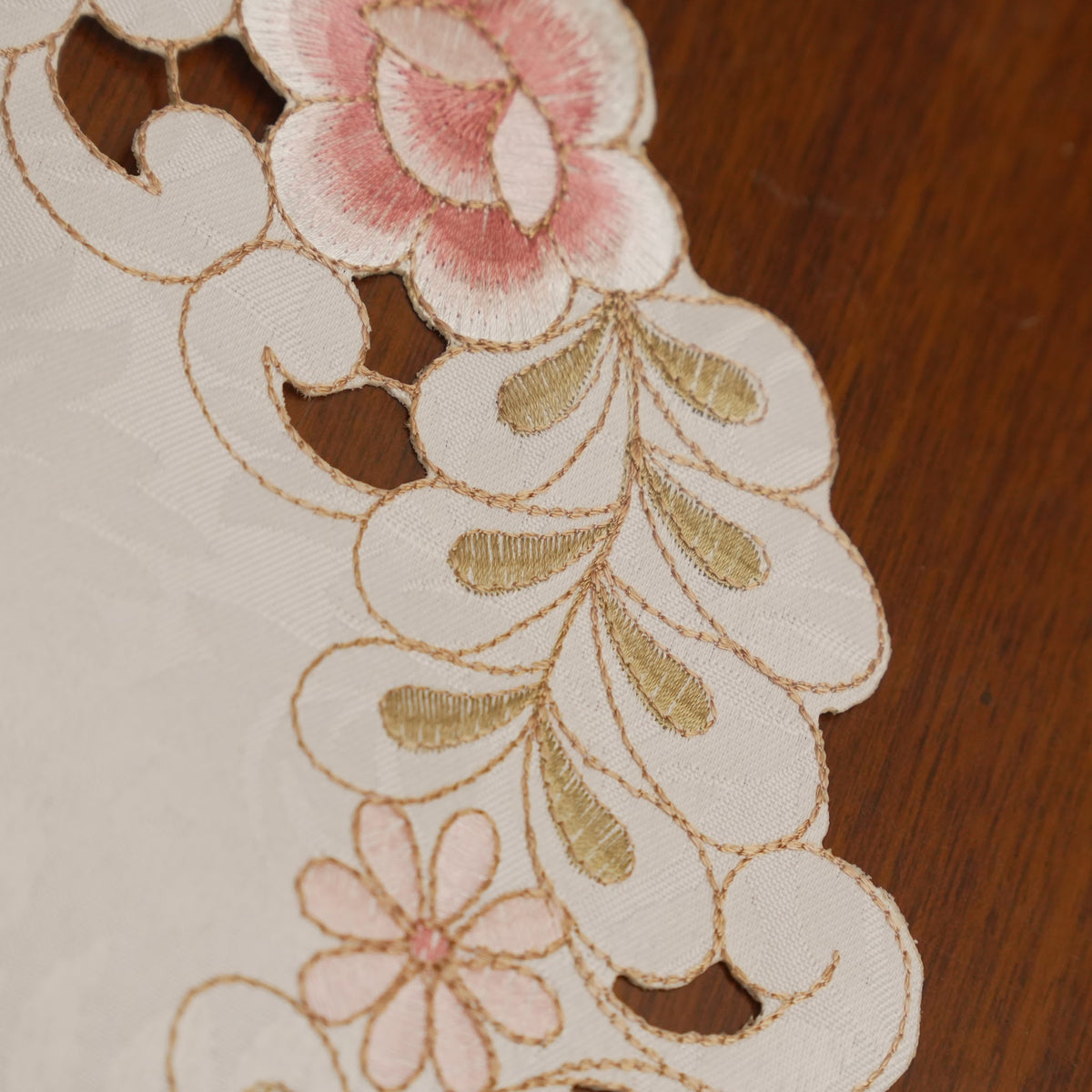Pink Rose Cutwork Embroidered Round Table Mat (Set of 2)