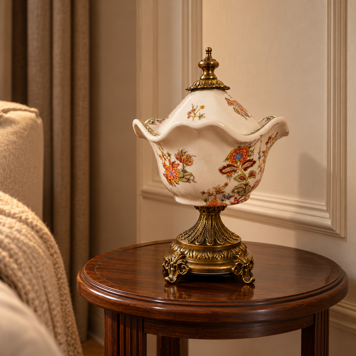 Ivory Jacobean Floral Ceramic Scalloped Lidded Urn with Brass Pedestal