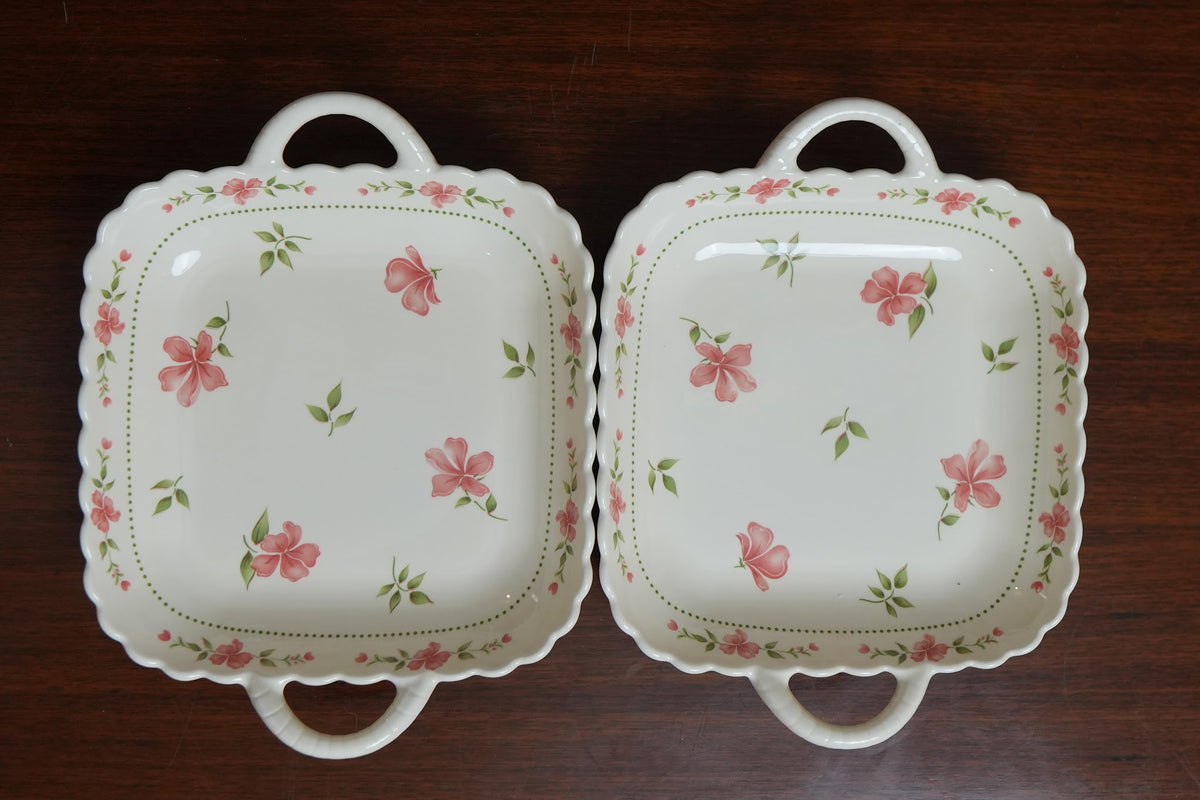 Blush Blossom Ceramic Square Platter with Handles Set of 2