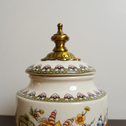 Ivory Jacobean Floral Ceramic Round Jar with Brass Finial Lid
