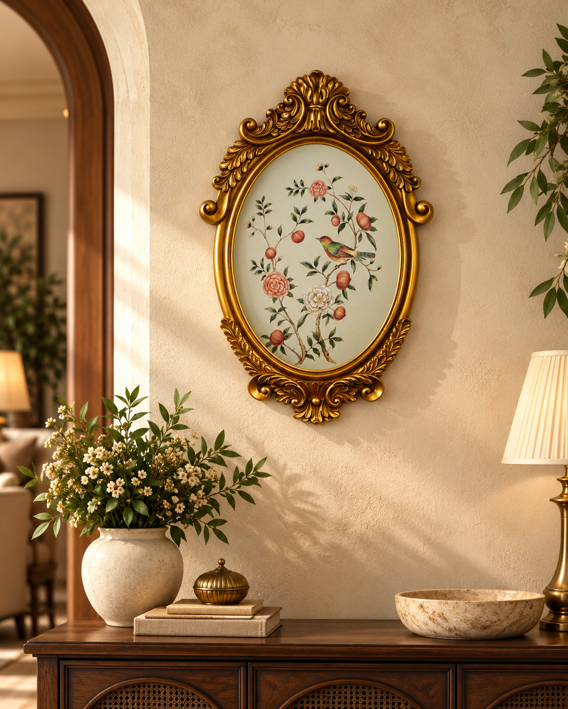Cream Pomegranate & Bird Oval Wall Plaque with Gold Baroque Frame