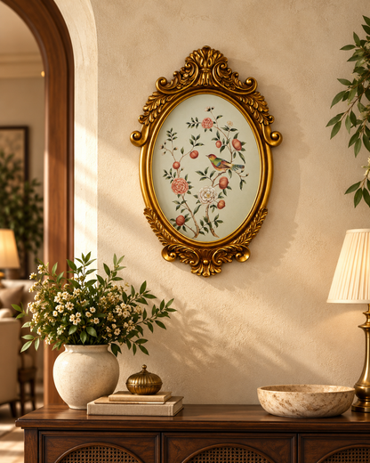 Cream Pomegranate & Bird Oval Wall Plaque with Gold Baroque Frame