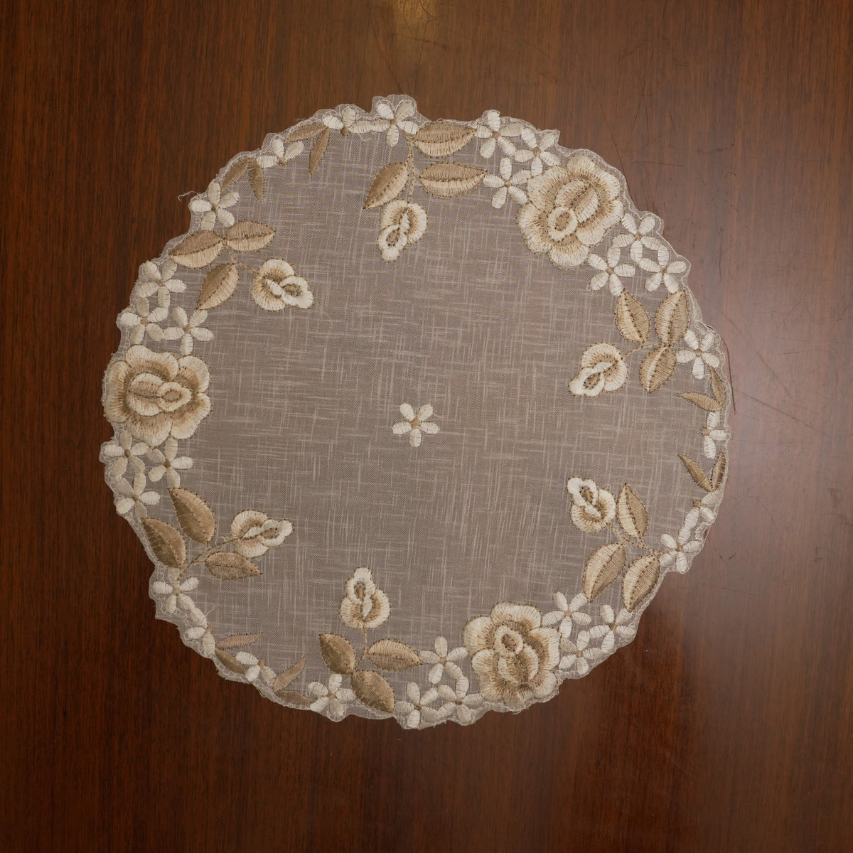Beige Sheer Rose Embroidered Round Table Mat (Set of 2)