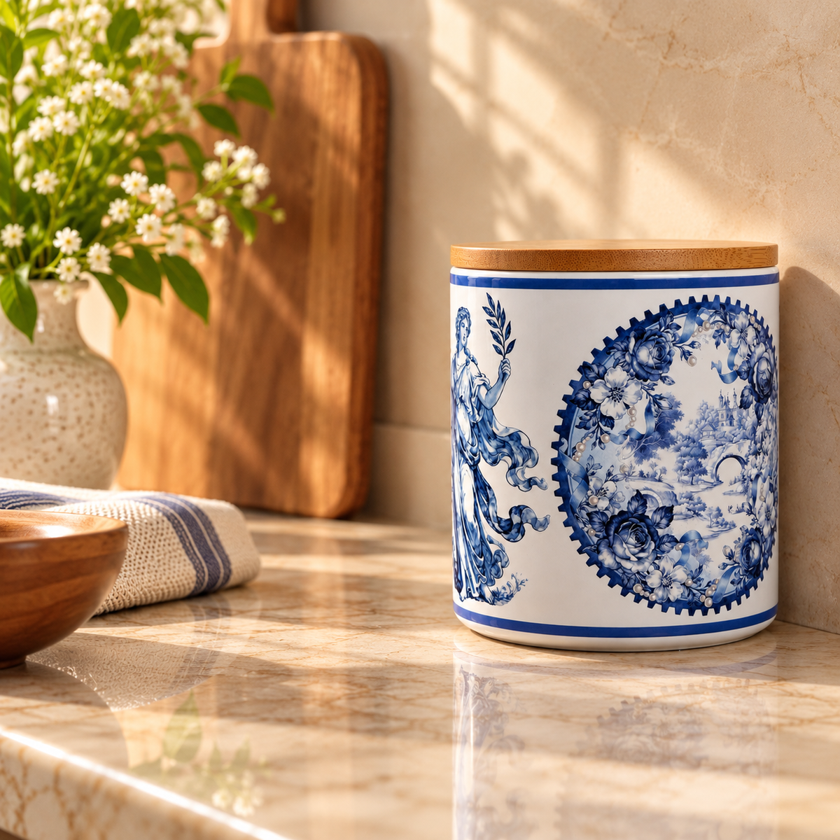 Blue Toile Ceramic Canister with Bamboo Lid