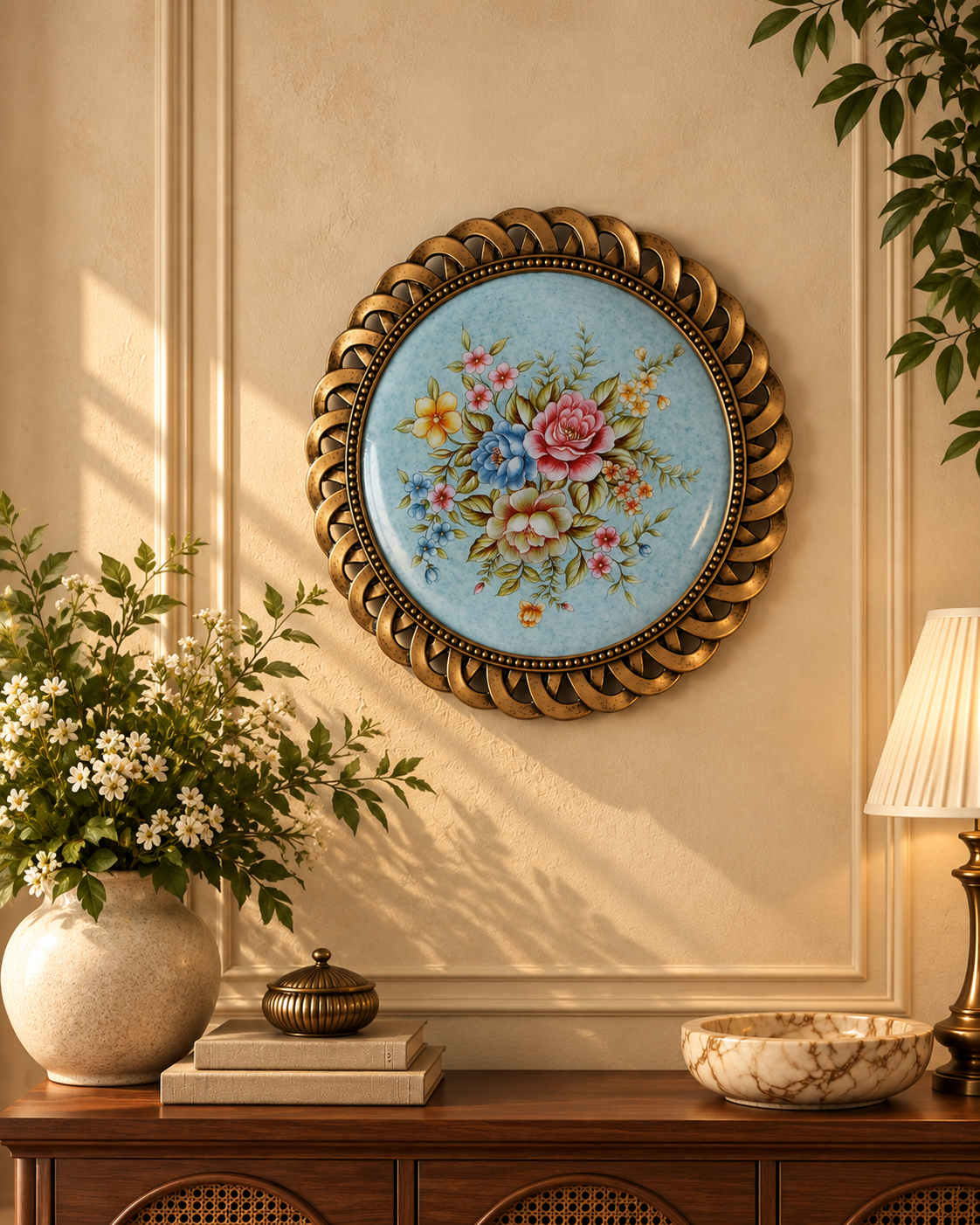 Sky Blue Floral Wall Plate with Bronze Lattice Rim