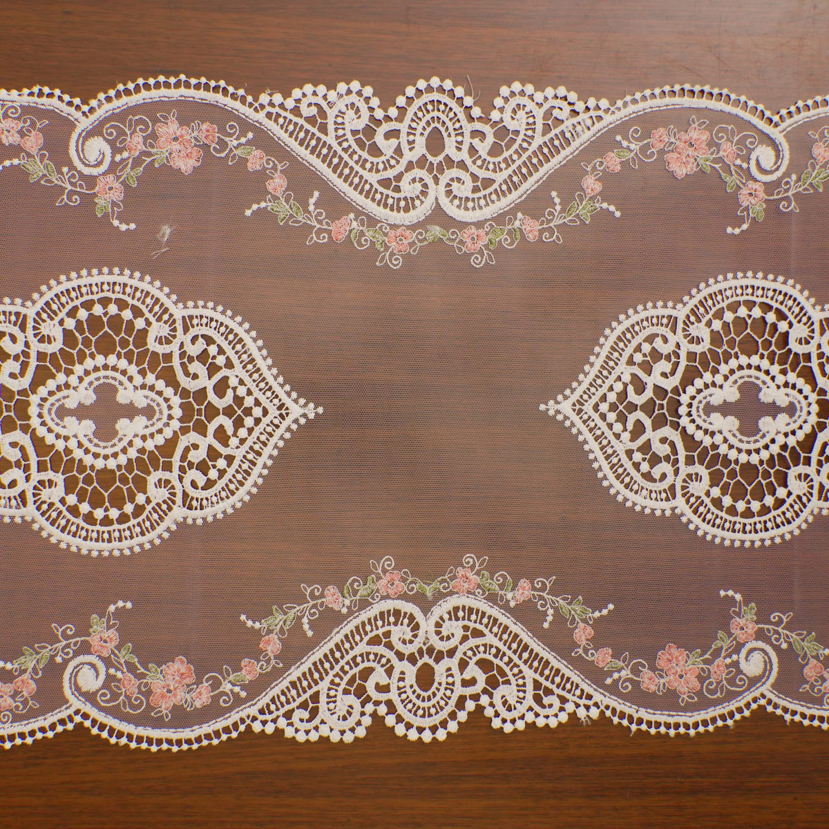 White Lace & Pink Floral Vine Sheer Table Runner (Small)