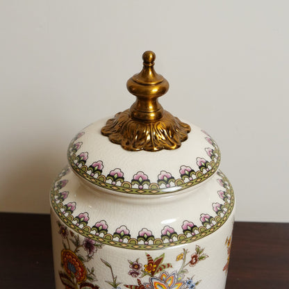 Ivory Jacobean Floral Ceramic Canister with Brass Finial Lid