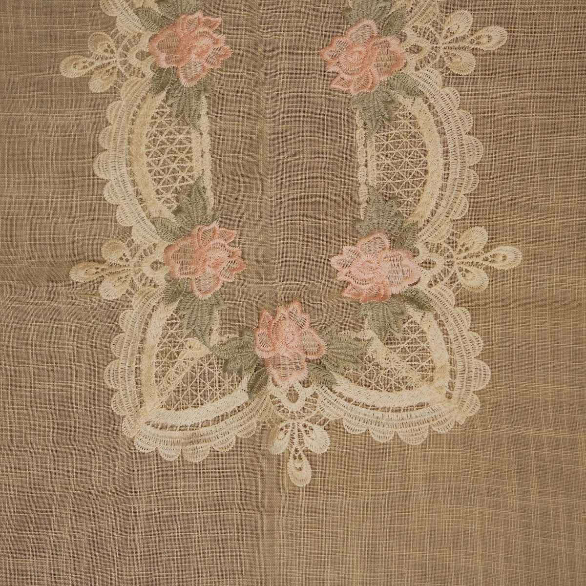 Close-up of the pink rose lace centre panel