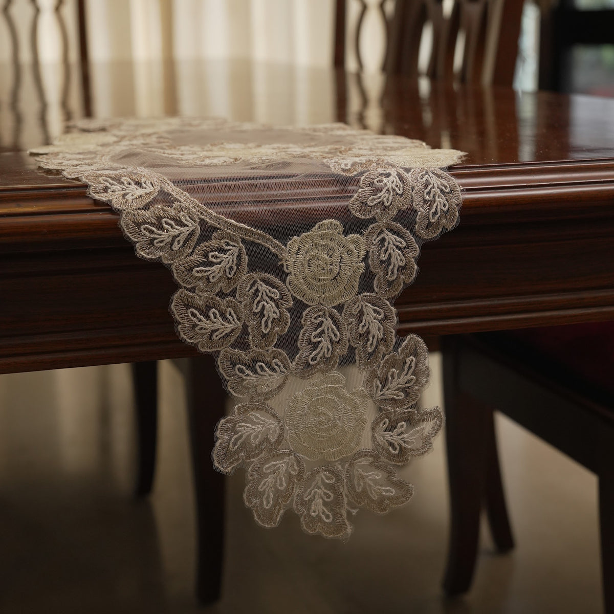 Beige Lace Rose Sheer Table Runner (Small)