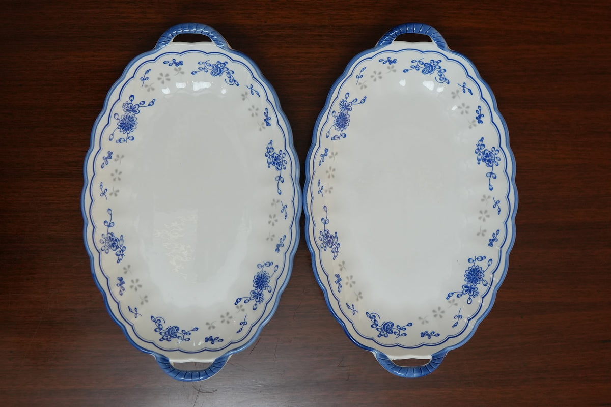 Blue Sprig Ceramic Oval Platter with Handles Set of 2