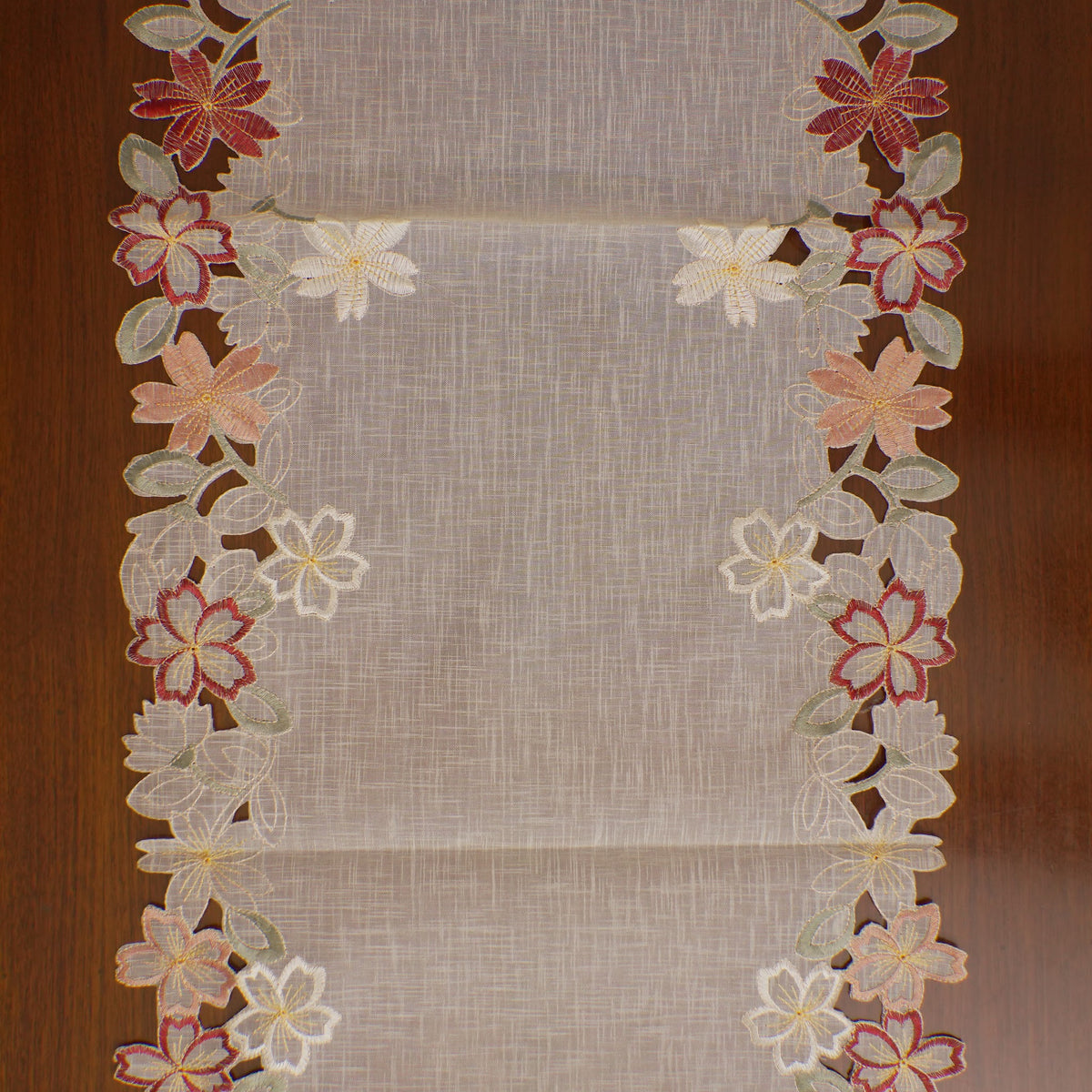 Red & Peach Floral Cutwork Linen Table Runner (Long)