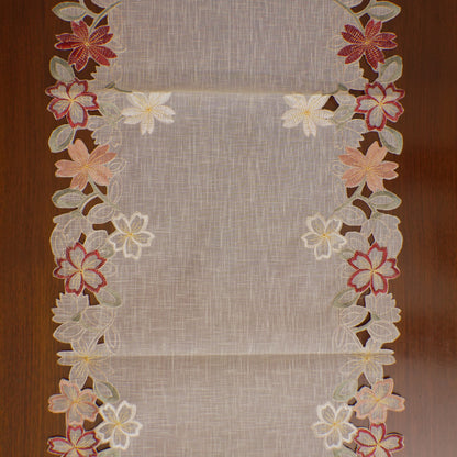 Red & Peach Floral Cutwork Linen Table Runner (Long)