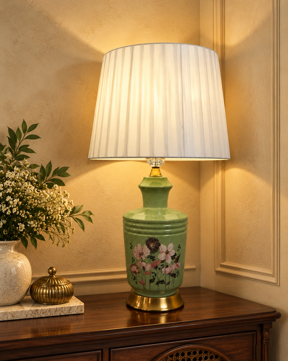 Sage Green Blossom Ceramic Table Lamp with Gold Base