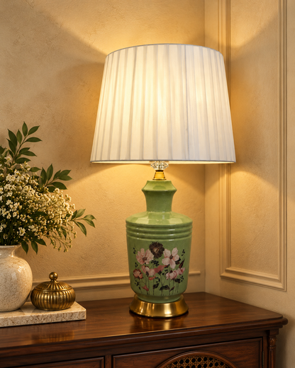 Sage Green Blossom Ceramic Table Lamp with Gold Base