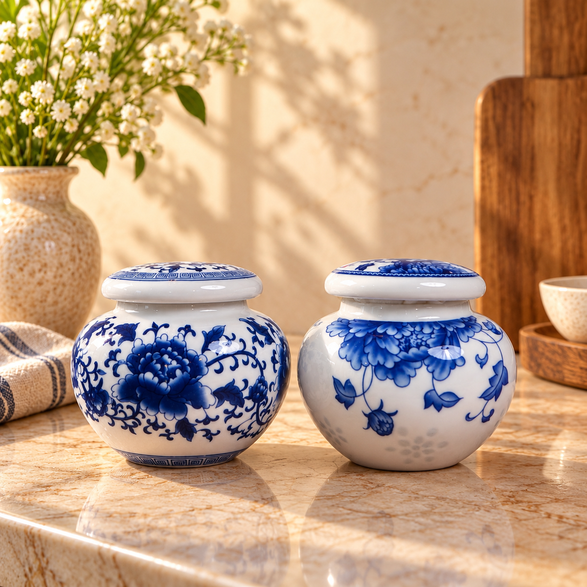 Blue Peony Ceramic Round Lidded Jar (Set of 2)