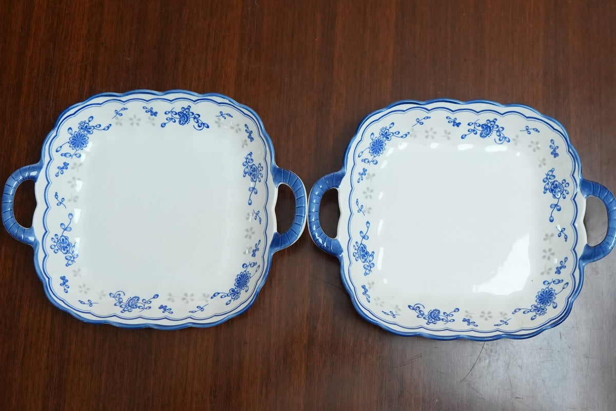 Blue Sprig Ceramic Square Platter with Handles Set of 2