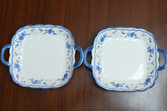 Blue Sprig Ceramic Square Platter with Handles Set of 2