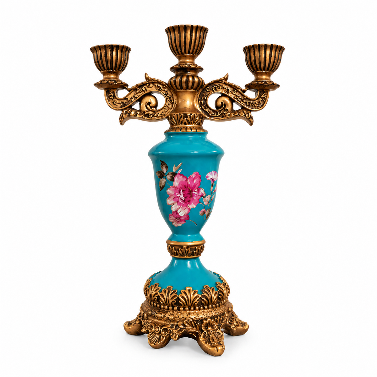 Teal Floral Ceramic 3-Arm Candle Stand with Gold Accents