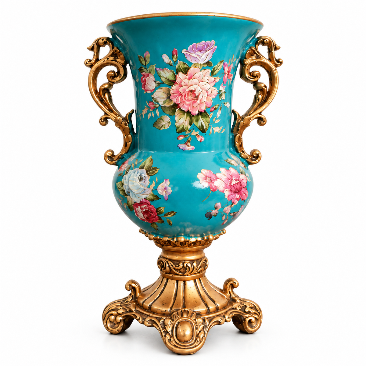 Teal Peony Ceramic Trumpet Vase with Gold Handles & Pedestal