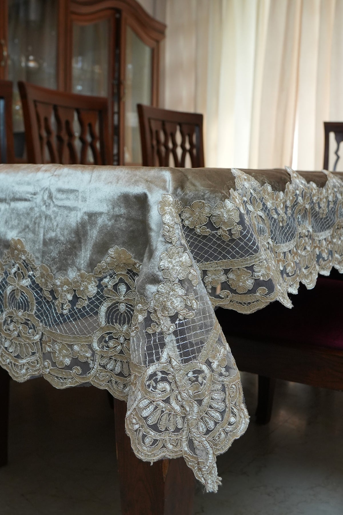 Bronze Satin Table Sheet with Embroidered Lace Panels (6 Seater)