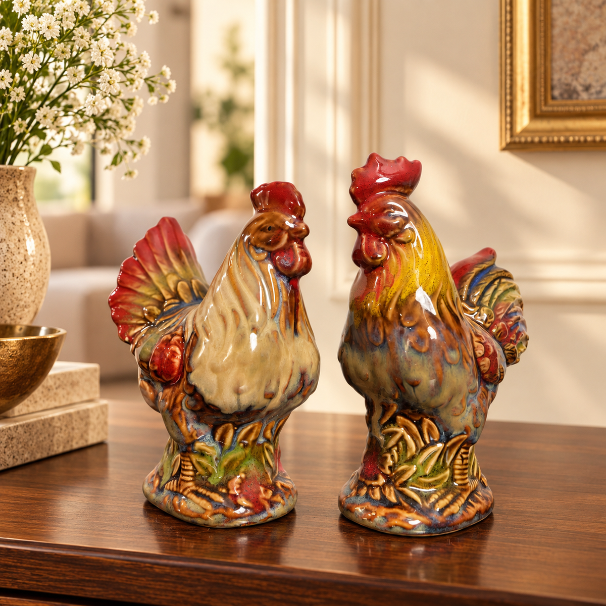 Glazed Rooster Ceramic Figurine (Set of 2)